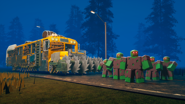 Armored yellow bus surrounded by zombies in the forest, official Last Stop artwork